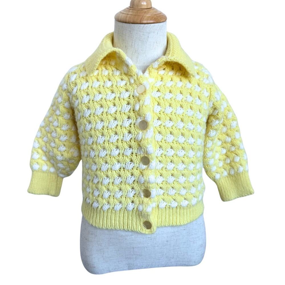 Vintage Orlon Acrylic Baby Yellow Cardigan Sweater White Popcorn Knit